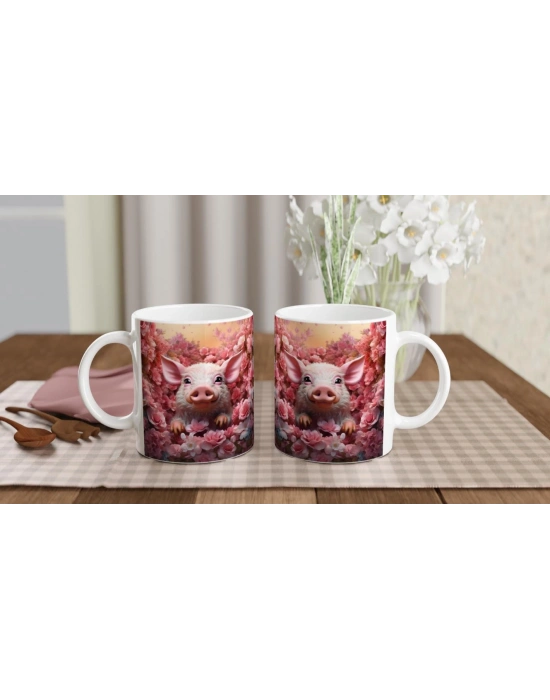Çiçek Bahçesindeki Sevimli Domuz Temalı Baskılı Kupa Bardak