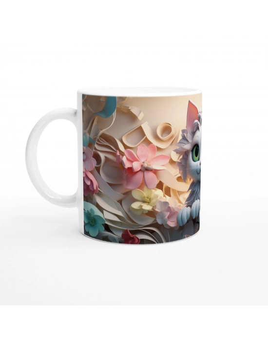 Çiçek Bahçesindeki Sevimli Tüylü Kedi Baskılı Kupa Bardak