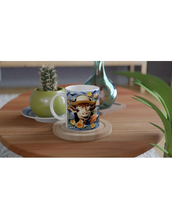 Çiçek Bahçesinden Bakan Şapkalı Zürafa Temalı Baskılı Kupa Bardak