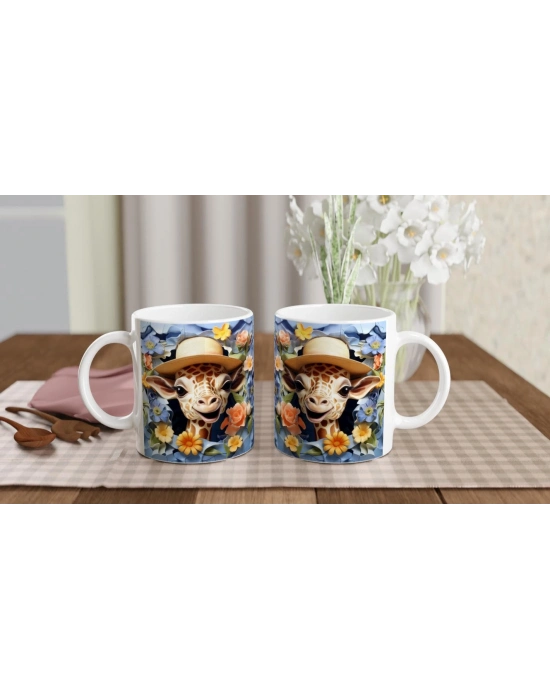 Çiçek Bahçesinden Bakan Şapkalı Zürafa Temalı Baskılı Kupa Bardak