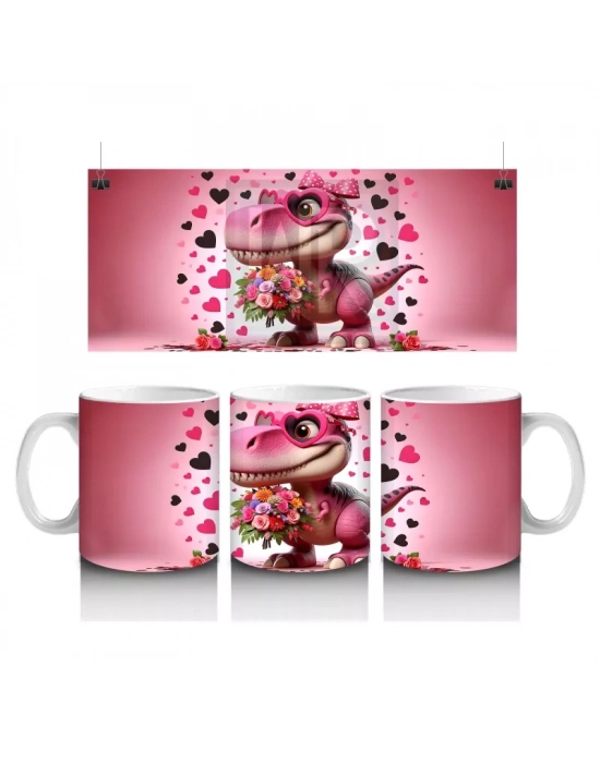 Çiçek Buketi Tutan Dinozor Figürü - Baskılı Kahve Kupası