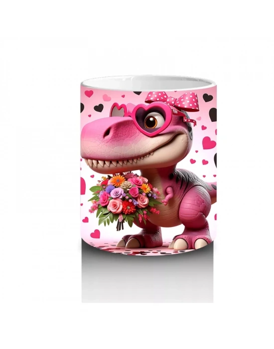 Çiçek Buketi Tutan Dinozor Figürü - Baskılı Kahve Kupası