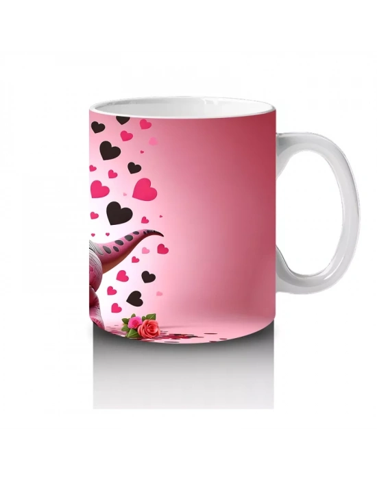 Çiçek Buketi Tutan Dinozor Figürü - Baskılı Kahve Kupası