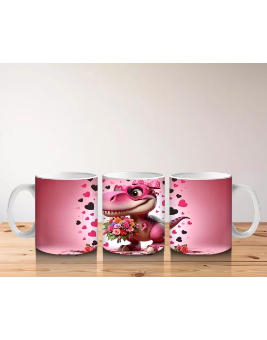 Çiçek Buketi Tutan Dinozor Figürü - Baskılı Kahve Kupası