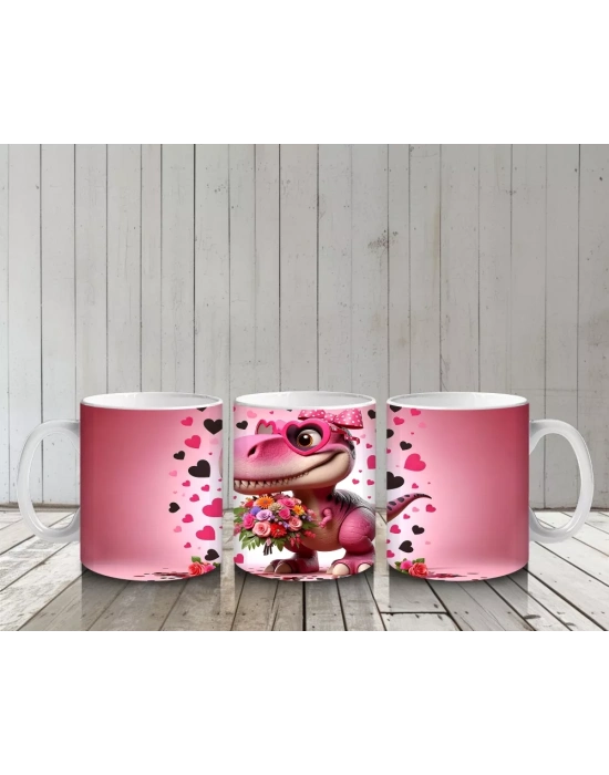 Çiçek Buketi Tutan Dinozor Figürü - Baskılı Kahve Kupası