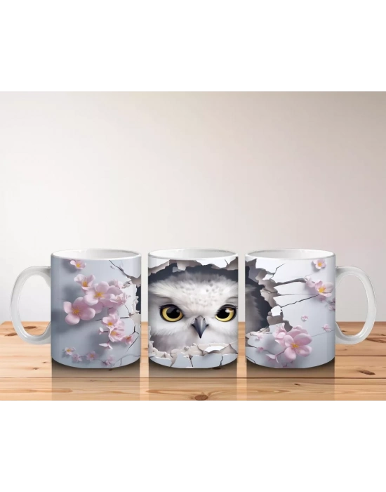 Çiçek Desenli Fon Üzerinde Baykuş Figürü – Baskılı Kupa