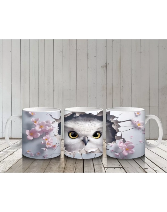 Çiçek Desenli Fon Üzerinde Baykuş Figürü – Baskılı Kupa