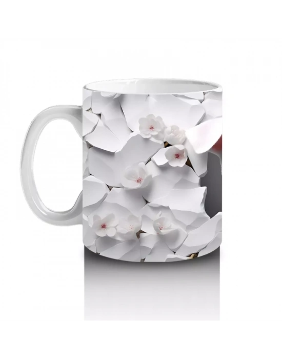 Çiçek Desenli Fon Üzerine Sevimli Beyaz Köpek – Baskılı Kupa