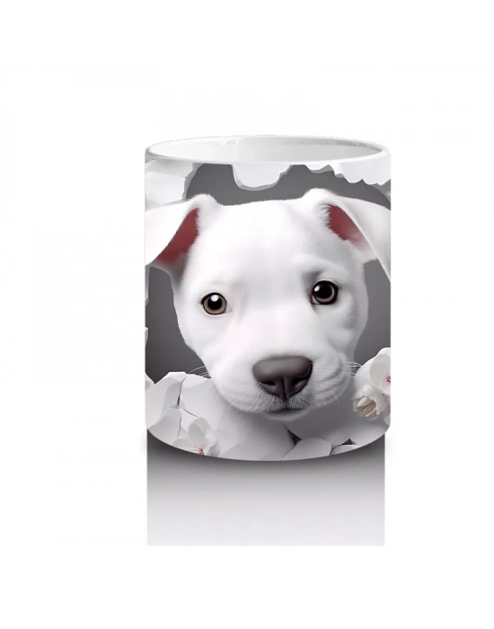 Çiçek Desenli Fon Üzerine Sevimli Beyaz Köpek – Baskılı Kupa