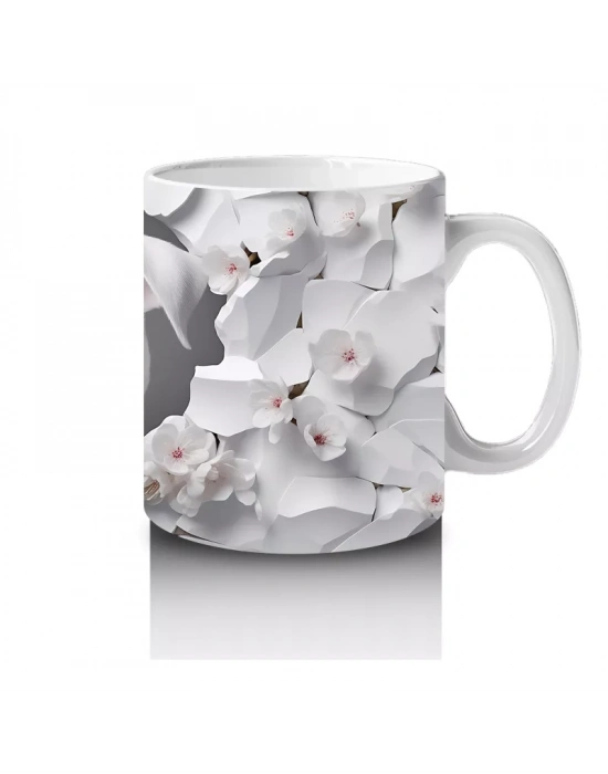 Çiçek Desenli Fon Üzerine Sevimli Beyaz Köpek – Baskılı Kupa