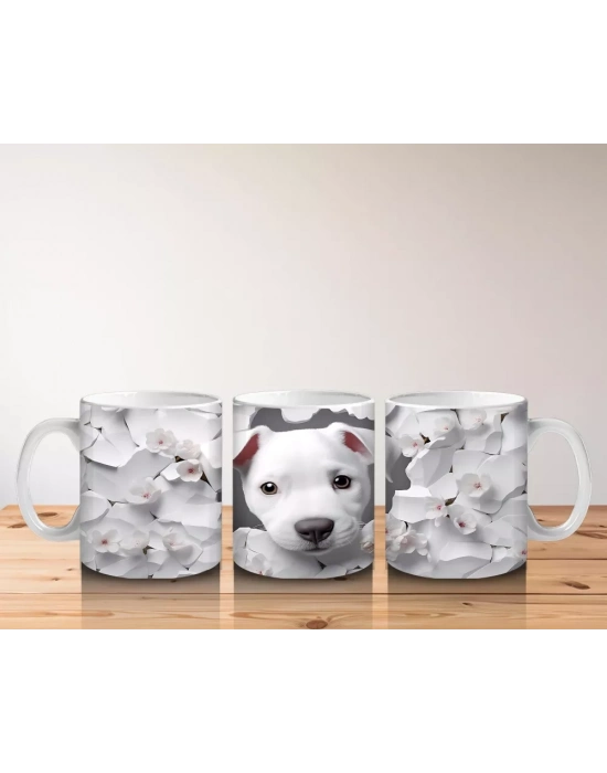 Çiçek Desenli Fon Üzerine Sevimli Beyaz Köpek – Baskılı Kupa