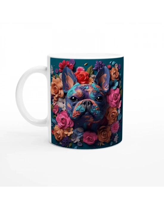 Çiçek Desenli Fransız Bulldog Temalı Baskılı Kupa Bardak
