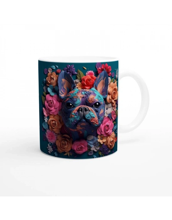 Çiçek Desenli Fransız Bulldog Temalı Baskılı Kupa Bardak