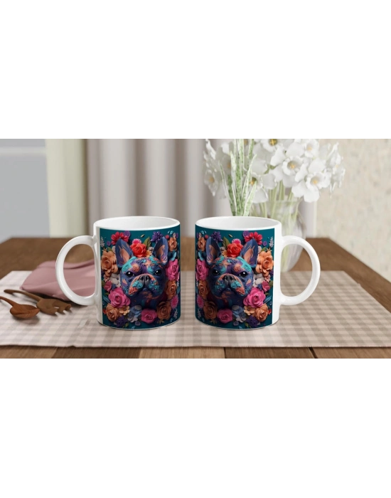 Çiçek Desenli Fransız Bulldog Temalı Baskılı Kupa Bardak