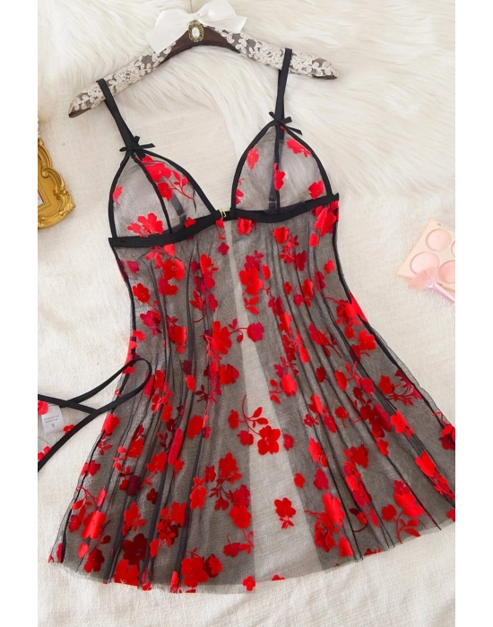 Çiçek Desenli Siyah Transparan Gecelik TM1319