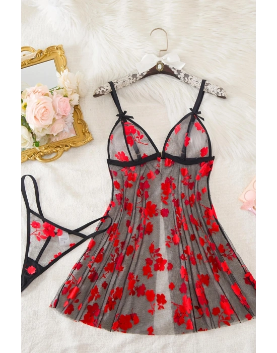 Çiçek Desenli Siyah Transparan Gecelik TM1319