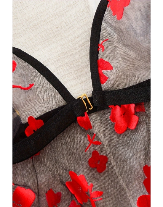 Çiçek Desenli Siyah Transparan Gecelik TM1319