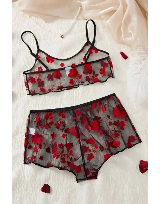 Çiçek Desenli Siyah Transparan Şortlu Gecelik TM1377