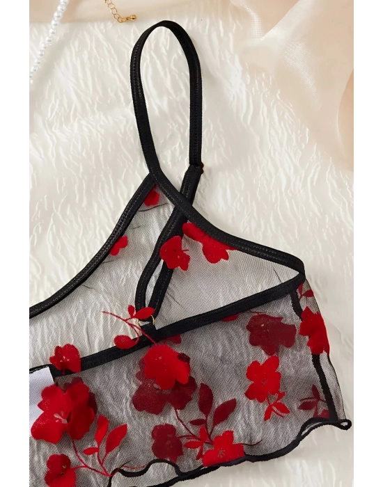 Çiçek Desenli Siyah Transparan Şortlu Gecelik TM1377