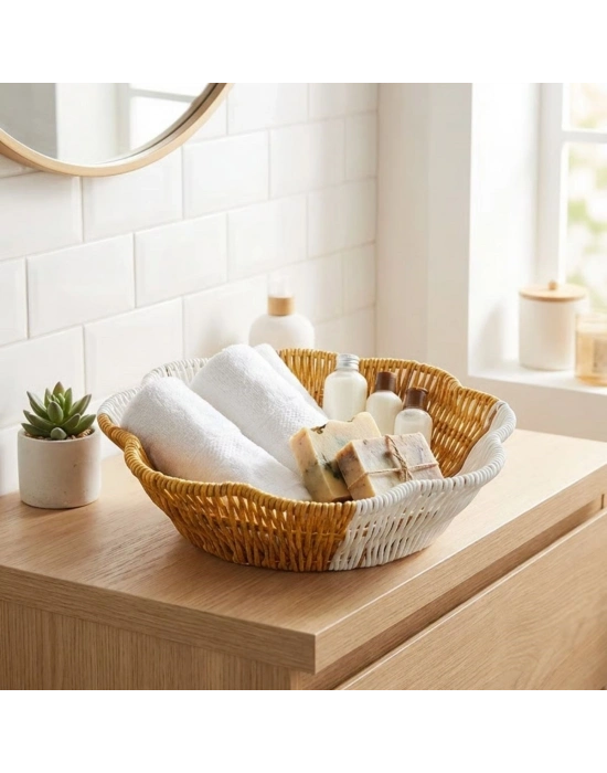 ®  Çiçek Model Çift Renkli Plastik Rattan Ekmek ve Meyve Sepeti - Çok Amaçlı Banyo ve Mutfak Düzenleyici - Yıkanabilir Organizer