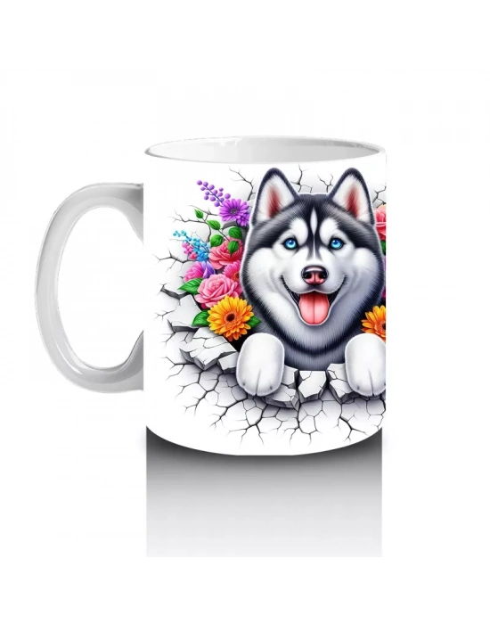 Çiçek Taçlı Gülümseyen Husky Deseni – Baskılı Kahve Kupası