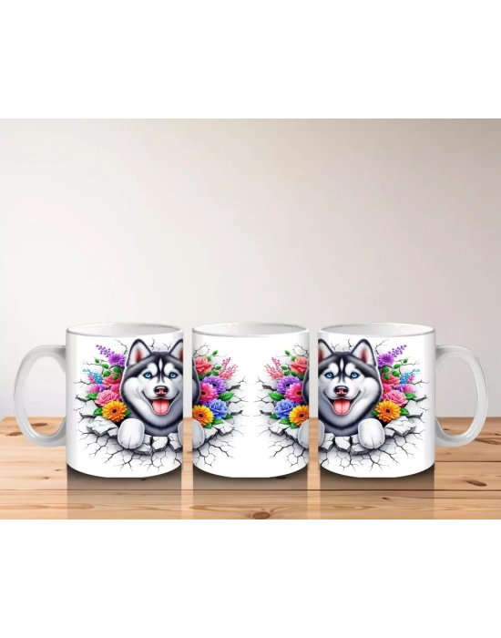 Çiçek Taçlı Gülümseyen Husky Deseni – Baskılı Kahve Kupası