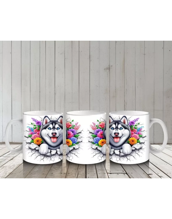 Çiçek Taçlı Gülümseyen Husky Deseni – Baskılı Kahve Kupası