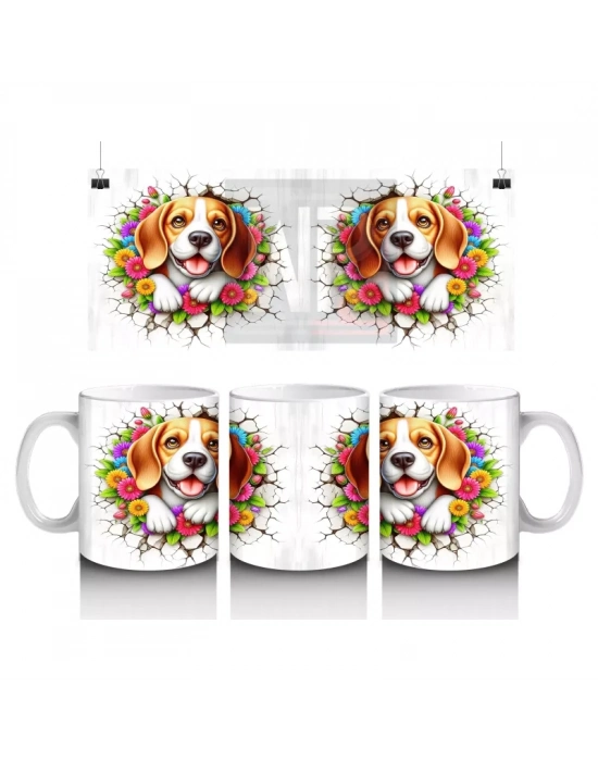 Çiçek Taçlı Neşeli Beagle Çifti – Baskılı Kahve Kupası
