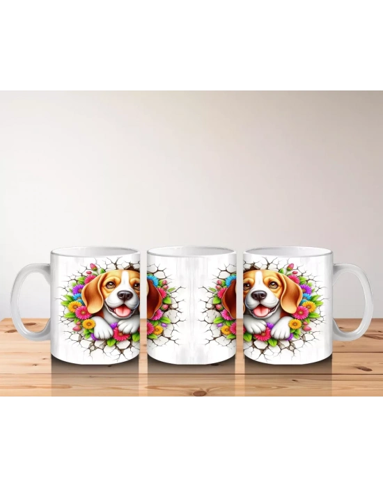 Çiçek Taçlı Neşeli Beagle Çifti – Baskılı Kahve Kupası