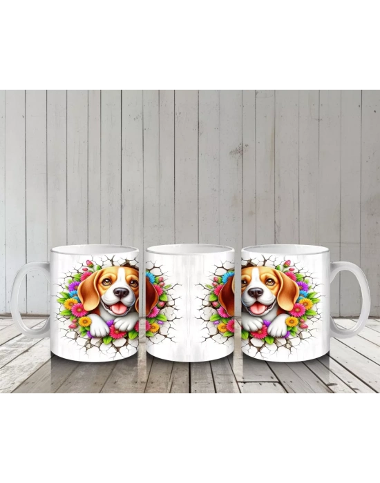 Çiçek Taçlı Neşeli Beagle Çifti – Baskılı Kahve Kupası