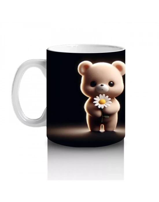 Çiçek Tutan Sevimli Ayıcık Figürü – Baskılı Kahve Kupası