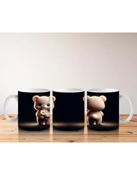 Çiçek Tutan Sevimli Ayıcık Figürü – Baskılı Kahve Kupası