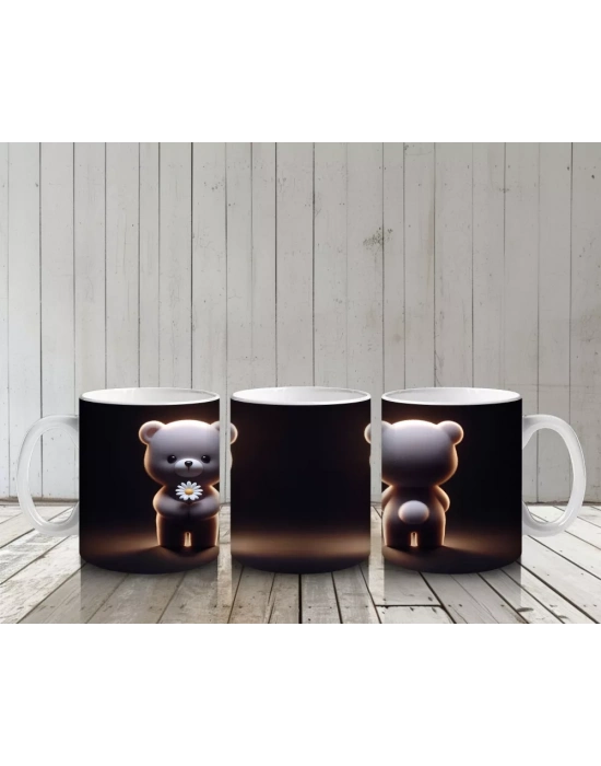 Çiçek Tutan Sevimli Ayıcık Figürü (Ön ve Arka Görünüm) - Baskılı kahve kupası
