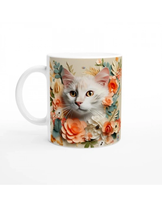 Çiçekler Arasında Bakışan Kedi Temalı Baskılı Kupa Bardak