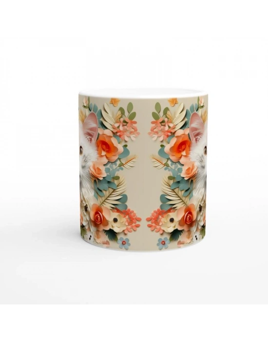 Çiçekler Arasında Bakışan Kedi Temalı Baskılı Kupa Bardak