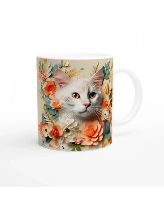 Çiçekler Arasında Bakışan Kedi Temalı Baskılı Kupa Bardak