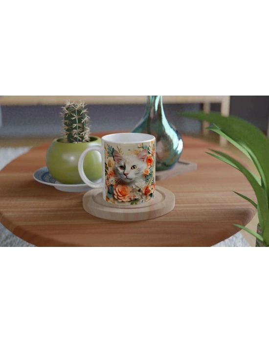 Çiçekler Arasında Bakışan Kedi Temalı Baskılı Kupa Bardak