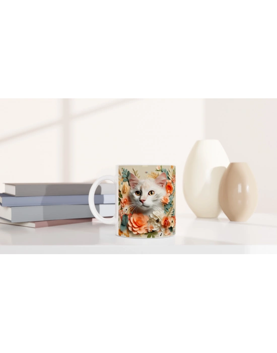 Çiçekler Arasında Bakışan Kedi Temalı Baskılı Kupa Bardak
