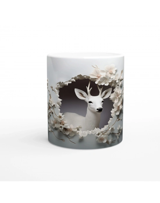 Çiçekler Arasında Beliren Beyaz Geyik Baskılı Kupa Bardak