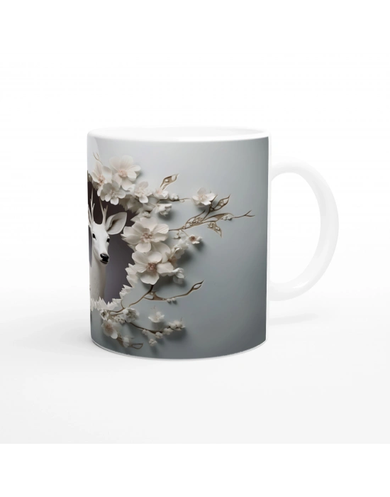 Çiçekler Arasında Beliren Beyaz Geyik Baskılı Kupa Bardak