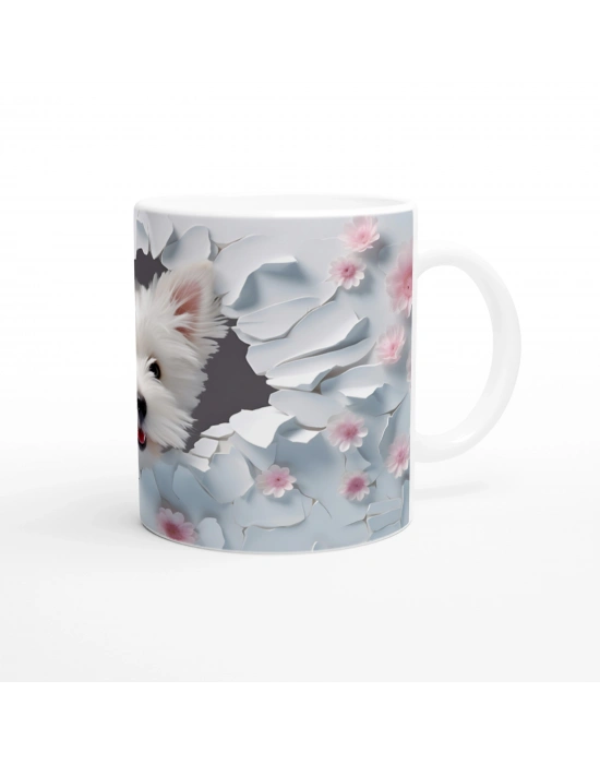 Çiçekler Arasında Beliren Beyaz Terrier Temalı Baskılı Kupa Bardak