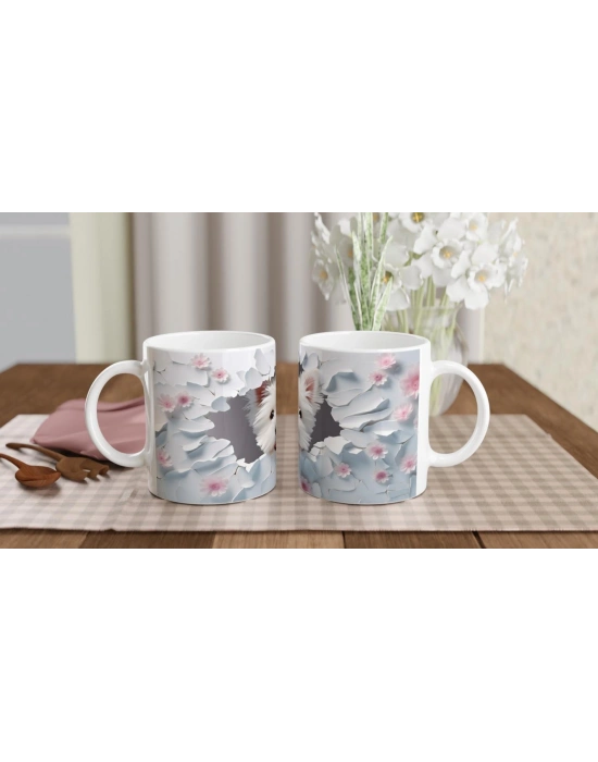 Çiçekler Arasında Beliren Beyaz Terrier Temalı Baskılı Kupa Bardak