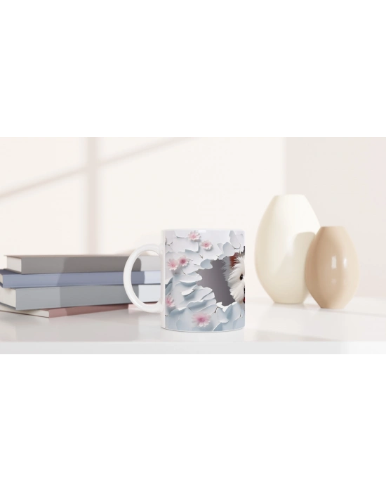 Çiçekler Arasında Beliren Beyaz Terrier Temalı Baskılı Kupa Bardak