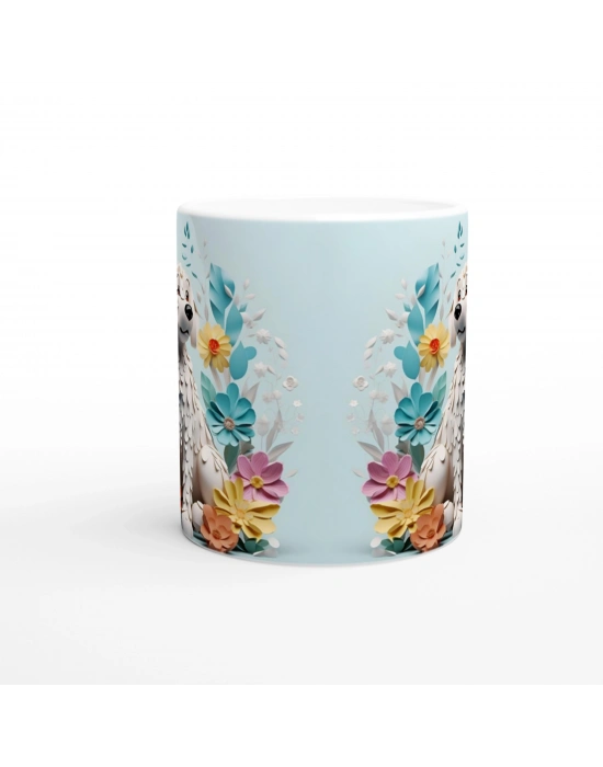 Çiçekler Arasında Beyaz Köpek Temalı Şirin Kupa Bardak