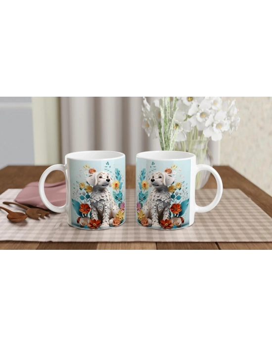 Çiçekler Arasında Beyaz Köpek Temalı Şirin Kupa Bardak