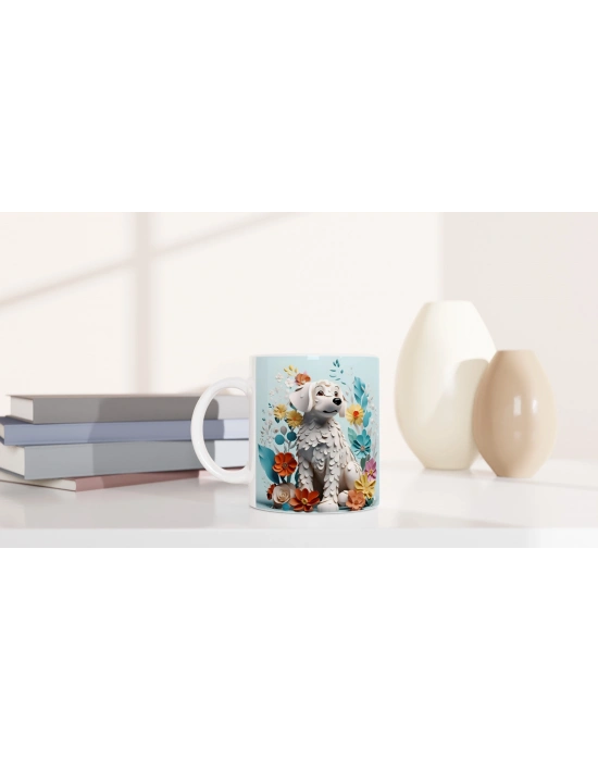 Çiçekler Arasında Beyaz Köpek Temalı Şirin Kupa Bardak