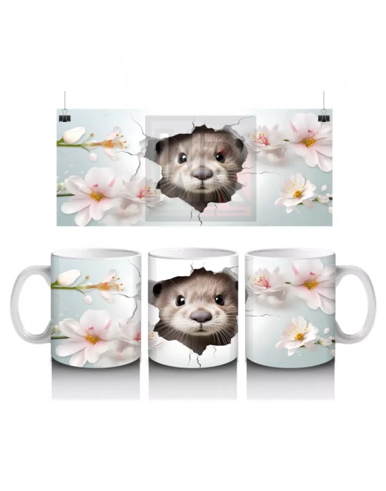 Çiçekler Arasında Duvarı Delen Sevimli Su Samuru - Baskılı Kahve Kupası