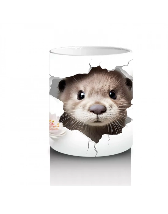 Çiçekler Arasında Duvarı Delen Sevimli Su Samuru - Baskılı Kahve Kupası