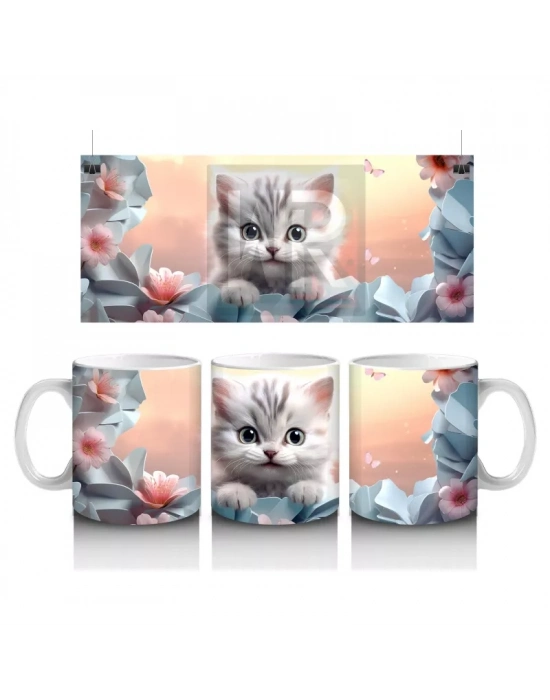 Çiçekler Arasında Göz Alıcı Kedi – Baskılı Kahve Kupası