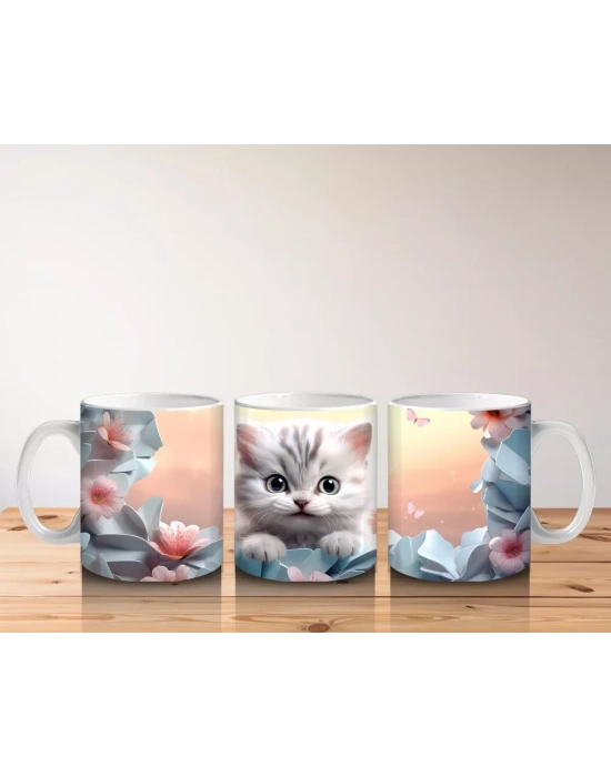 Çiçekler Arasında Göz Alıcı Kedi – Baskılı Kahve Kupası